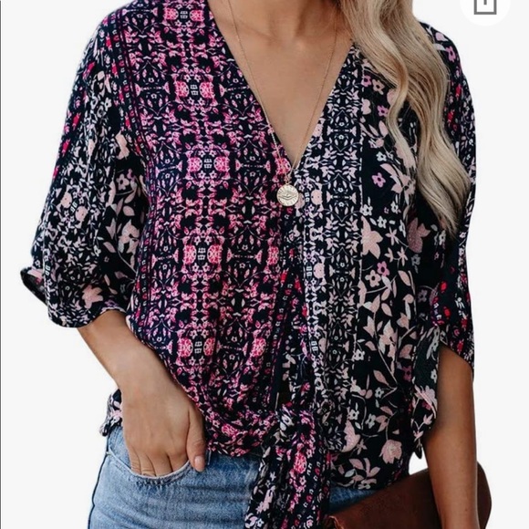 Floral v-neck blouse with front tie knot - Picture 2 of 7